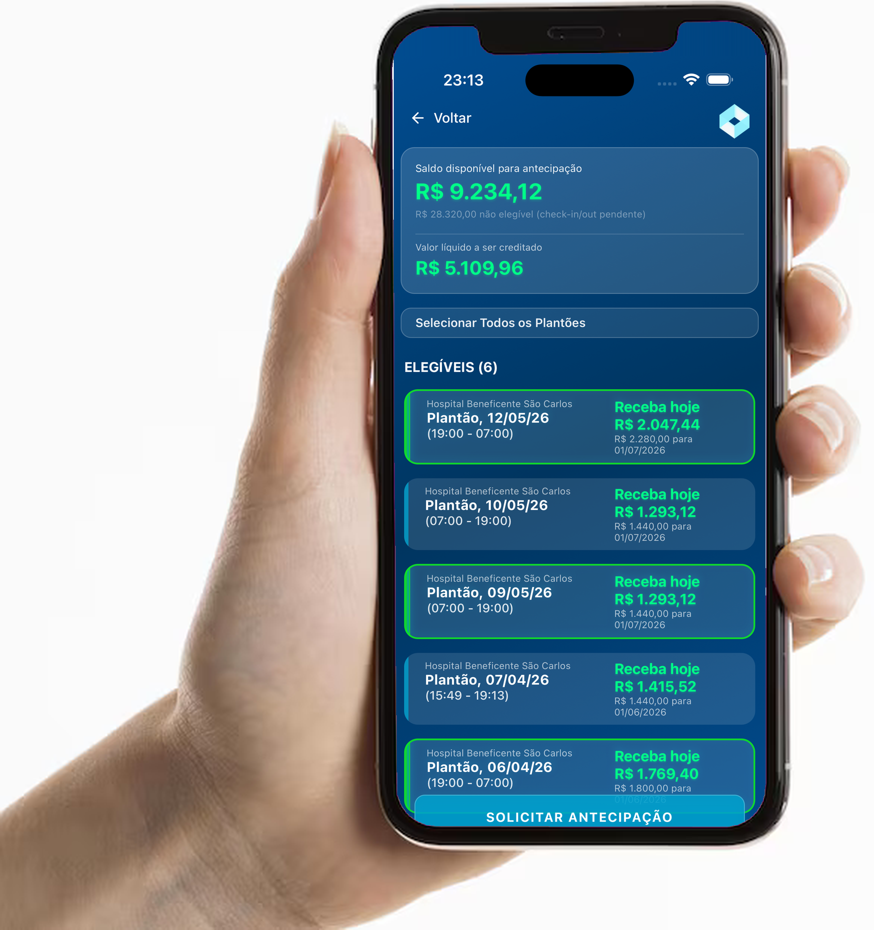 Mockup de smartphone mostrando a tela de antecipação do Escalize